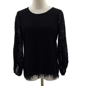 WORTHINGTON SZ PXS petite XS black lace long sleeve boat neck top blouse B51